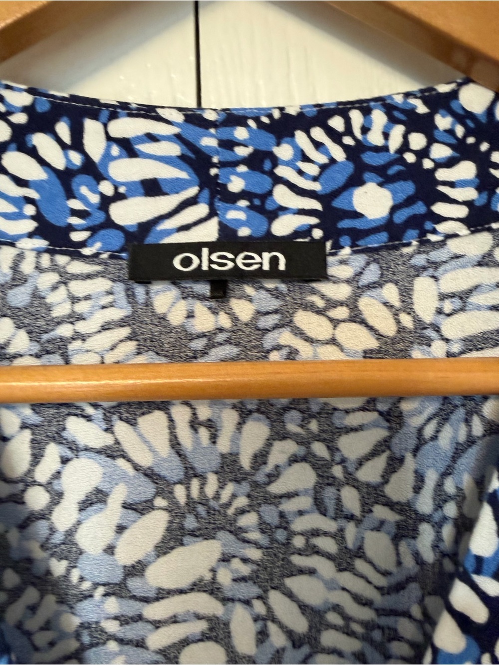 Olsen XL/16 Blue Floral Batik 3/4 Sleeve Swing V-Neck Tunic Dress Boho Resort - Picture 4 of 11